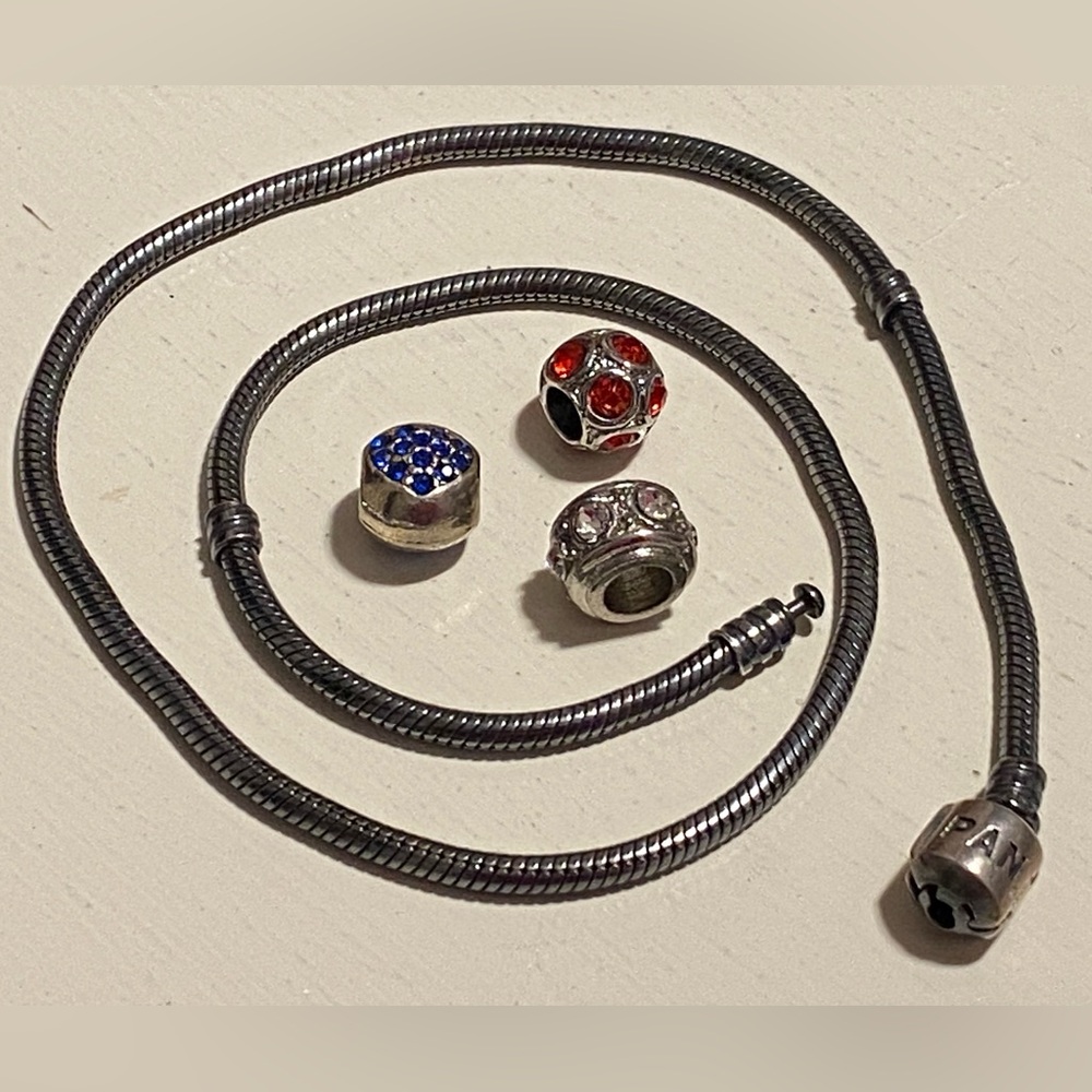 Authentic Pandora 16” Snake Barrel Oxidized Necklace + Charms